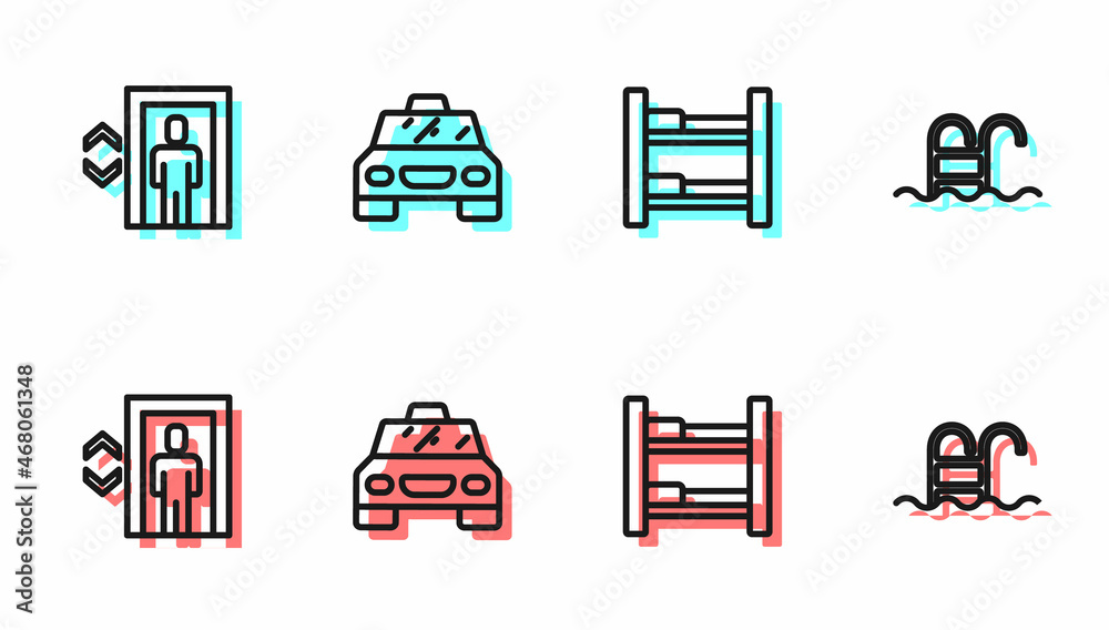 Set line Hotel room bed, Lift, Taxi car and Swimming pool icon. Vector