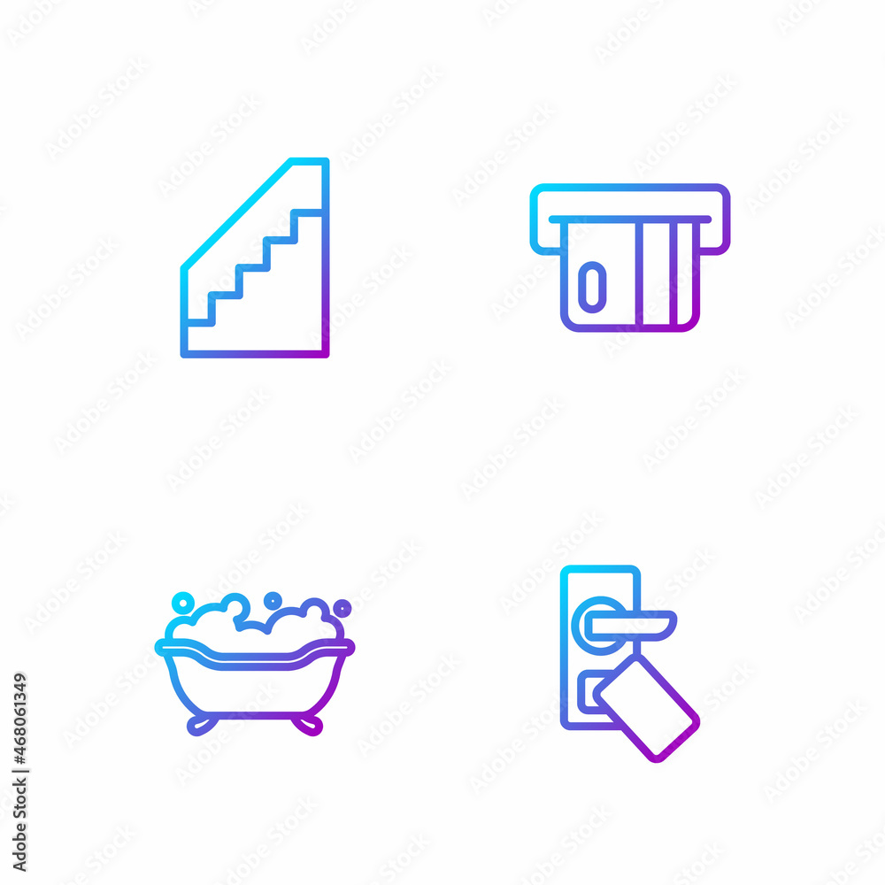 设置线数字门锁、浴缸、楼梯和信用卡。渐变色图标。矢量