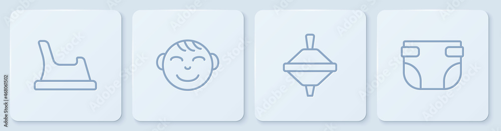 Set line Baby potty, Whirligig toy, Little boy head and diaper. White square button. Vector