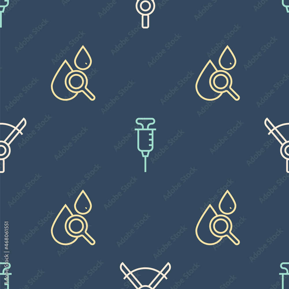 Set line Drawing compass, Drop and magnifying glass and Syringe on seamless pattern. Vector