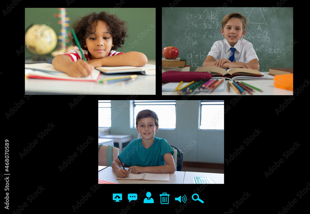 Video call interface with schoolchildren on screen