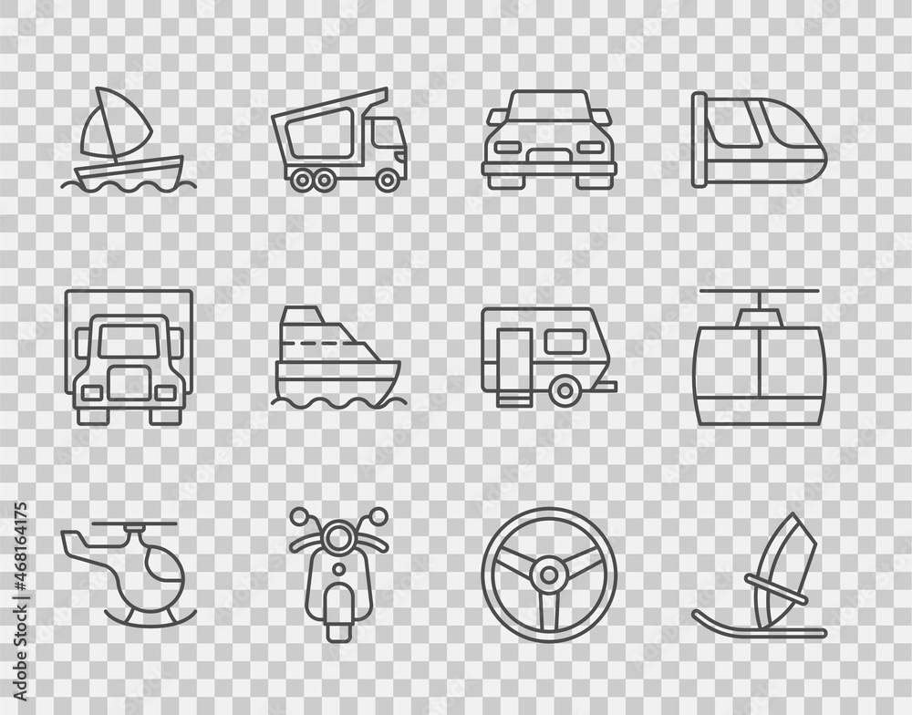 Set line Helicopter, Windsurfing, Car, Scooter, Yacht sailboat, Cruise ship, Steering wheel and Cabl