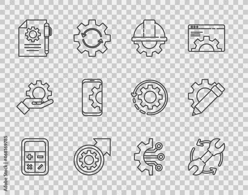 Set line Calculator, Wrench and arrows as workflow, Worker safety helmet gear, Gear process, Documen