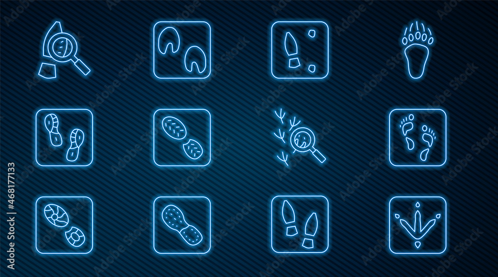 Set line Chicken paw footprint, Human, footprints shoes, Magnifying glass with footsteps, Bird and H