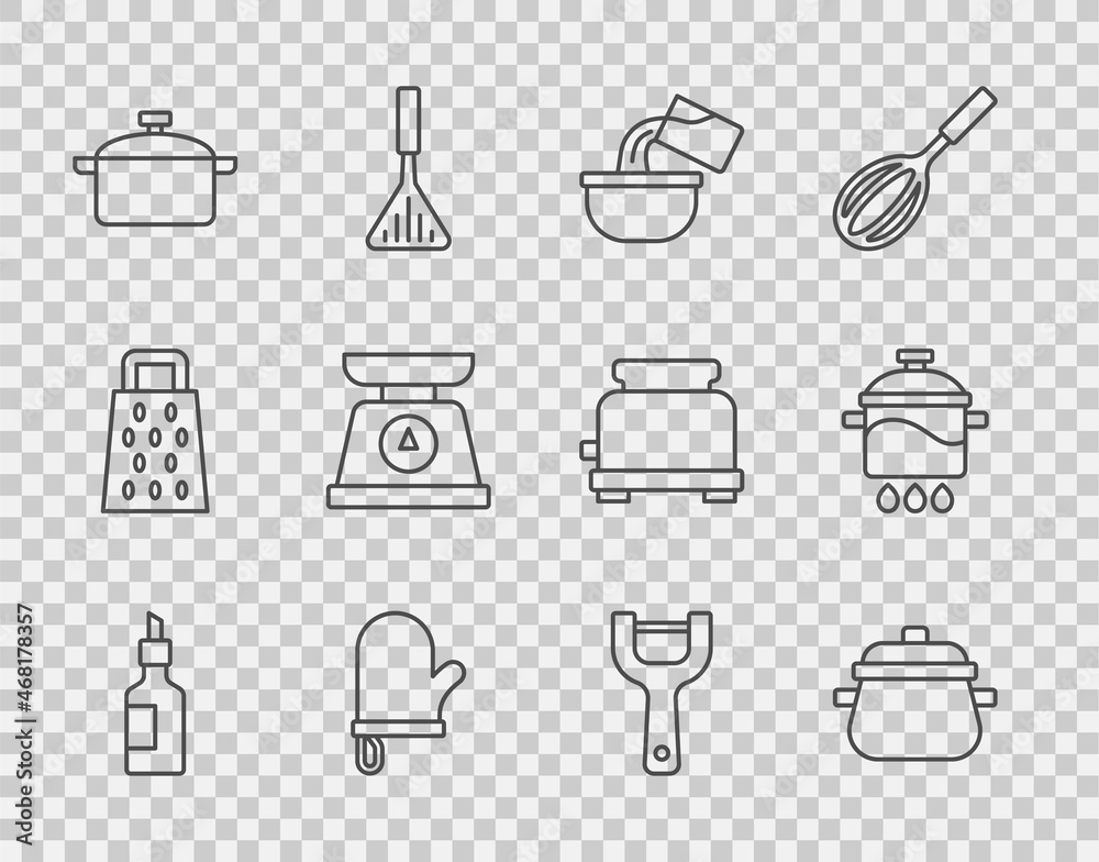 Set line Bottle of olive oil, Cooking pot, Saucepan, Oven glove, Scales, Vegetable peeler and icon. 