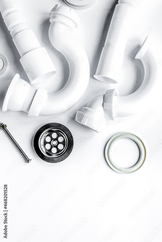 concept plumbing work top view on white background