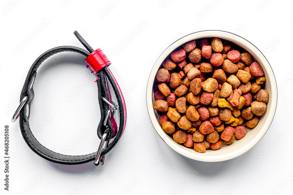 dry dog food in bowl on white background top view