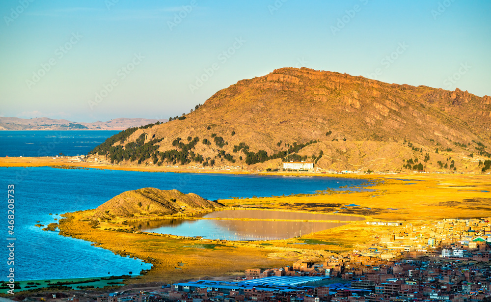 Aerial view of Titicaca Lake at Puno, Peru