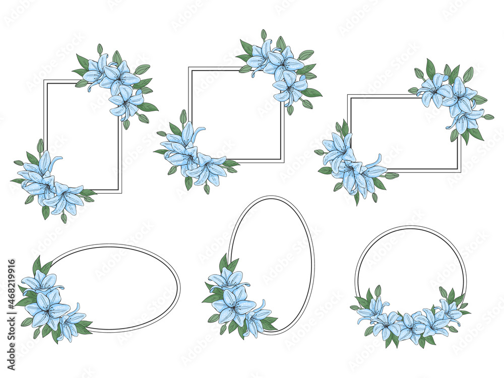 set of simple rames with hand drawn flowers. Vector illustration. Isolated on white.