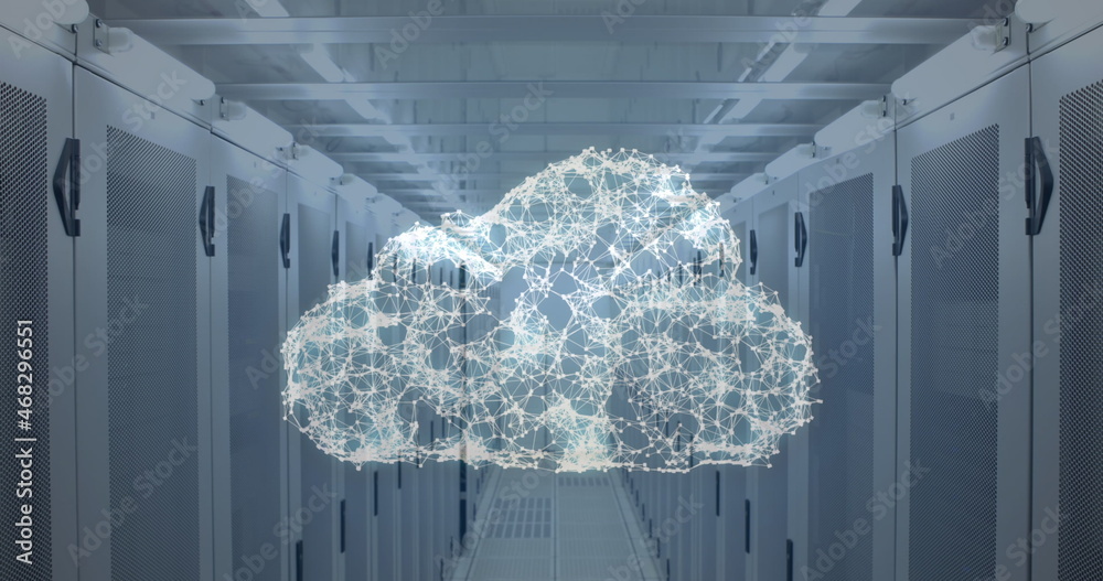 Aisle view of data server room with a cloud network graphic that appeared and disappeared