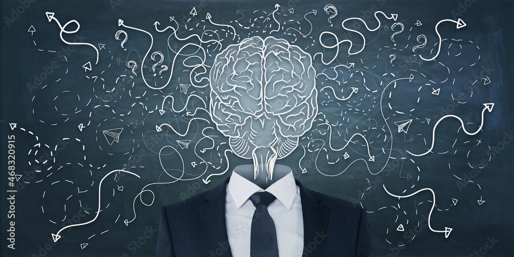 Abstract businessman with brain head on chalkboard wall background with arrows and thought icons ske