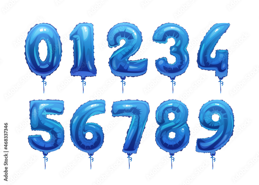 Blue helium balloons colorful numbers isolate icons set. Vector foil and latex balloon from 0 to 9. 