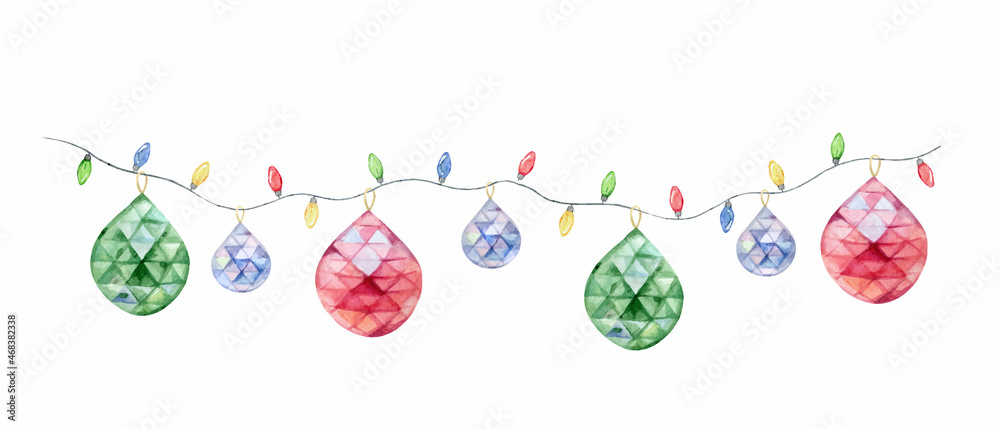 Watercolor vector Christmas colorful garland with crystals and colored light bulbs.