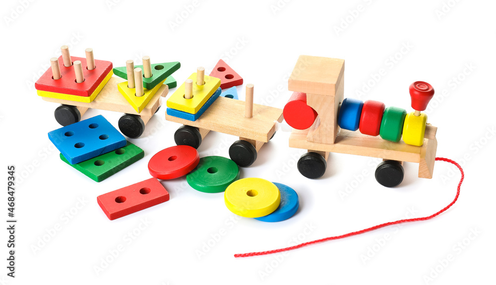 Toy train with building blocks on white background