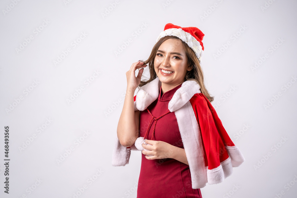 Happy Christmas beauty woman wears red shirt isolated on white background,Santas helper,Dress and S