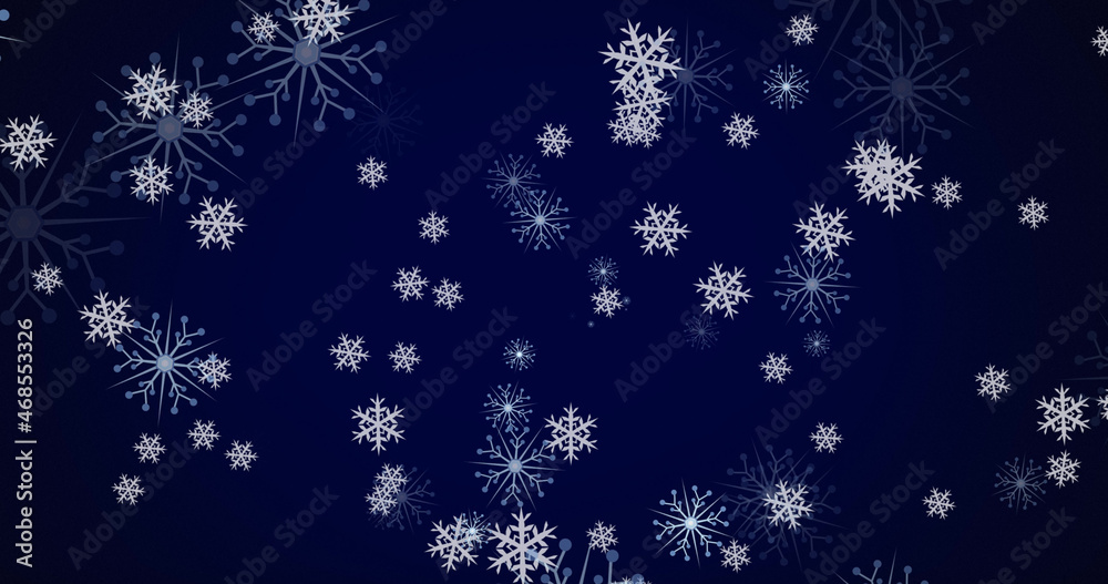 Image of christmas snowflakes falling on dark blue background