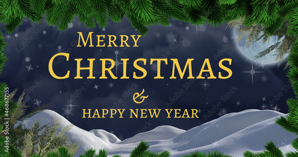 Image of merry christmas and happy new year text over winter scenery with snow falling