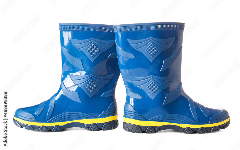 Blue rubber boots on white background