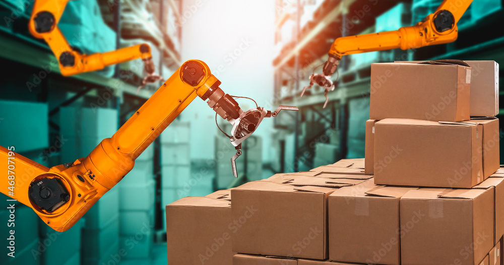 Smart robot arm system for innovative warehouse and factory digital technology . Automation manufact