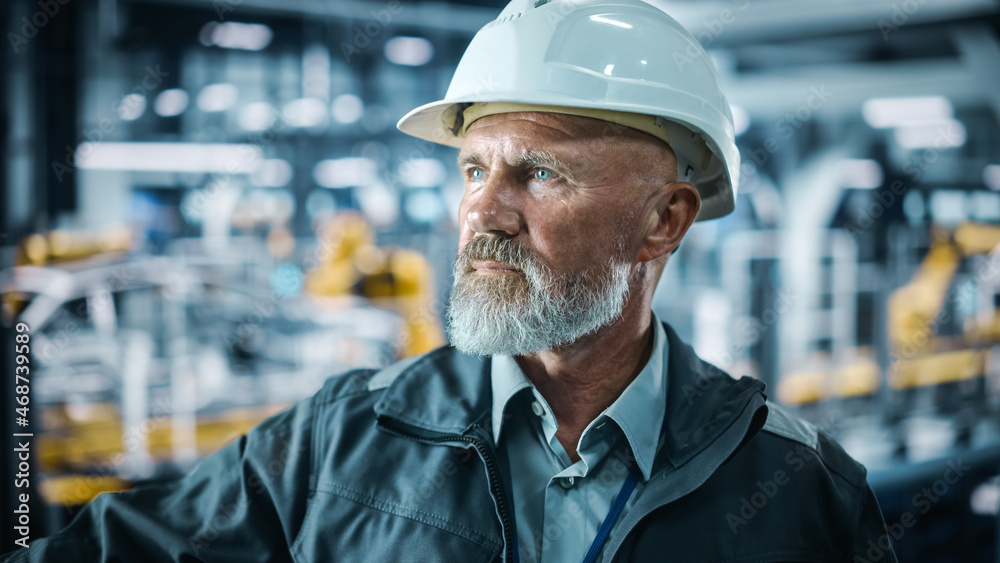 Car Factory Office: Portrait of Senior White Male Chief Engineer Wearing Safety Hard Hat in Automate