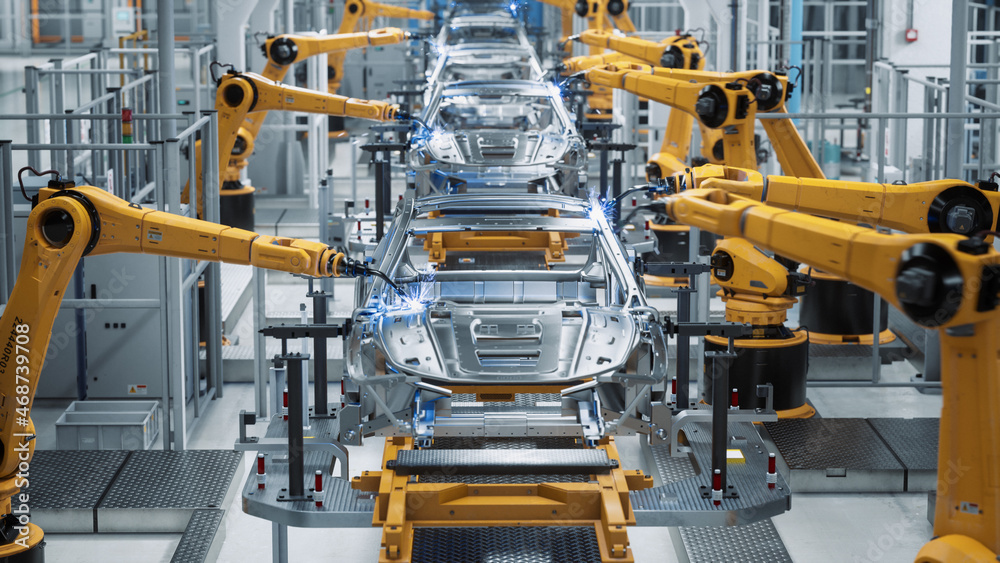 Car Factory 3D Concept: Automated Robot Arm Assembly Line Manufacturing High-Tech Green Energy Elect