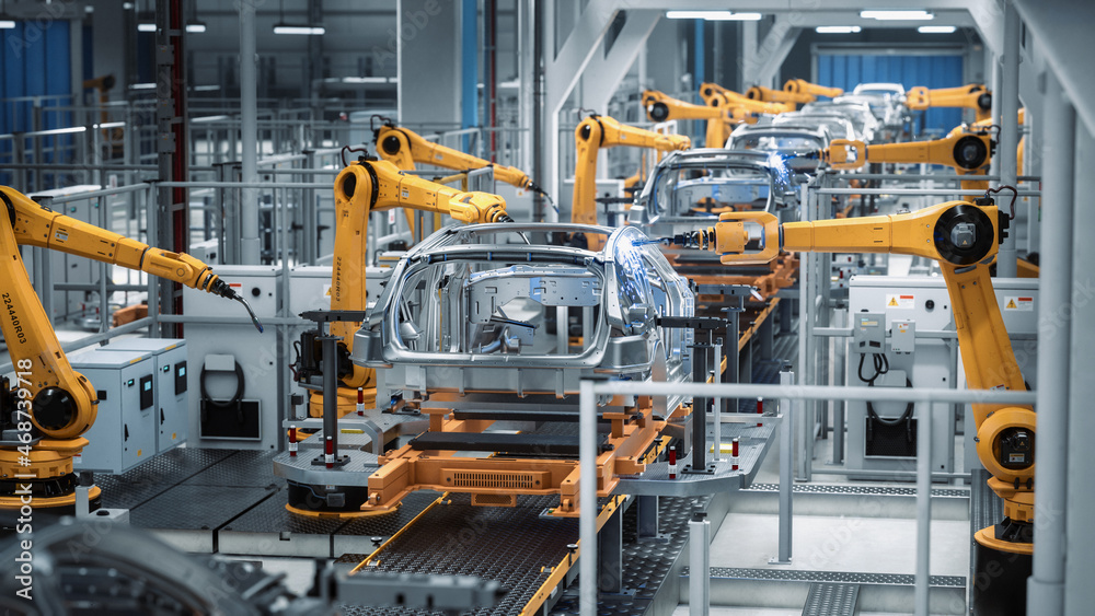 Car Factory 3D Concept: Automated Robot Arm Assembly Line Manufacturing Advanced High-Tech Green Ene