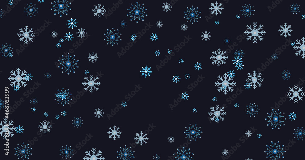 Image of christmas snowflakes falling on black background