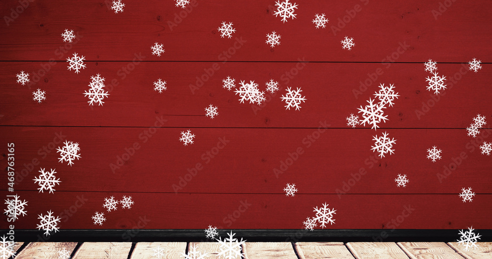 Image of christmas snowflakes falling over red background