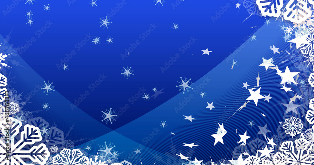 Image of christmas snowflakes and stars falling over blue background