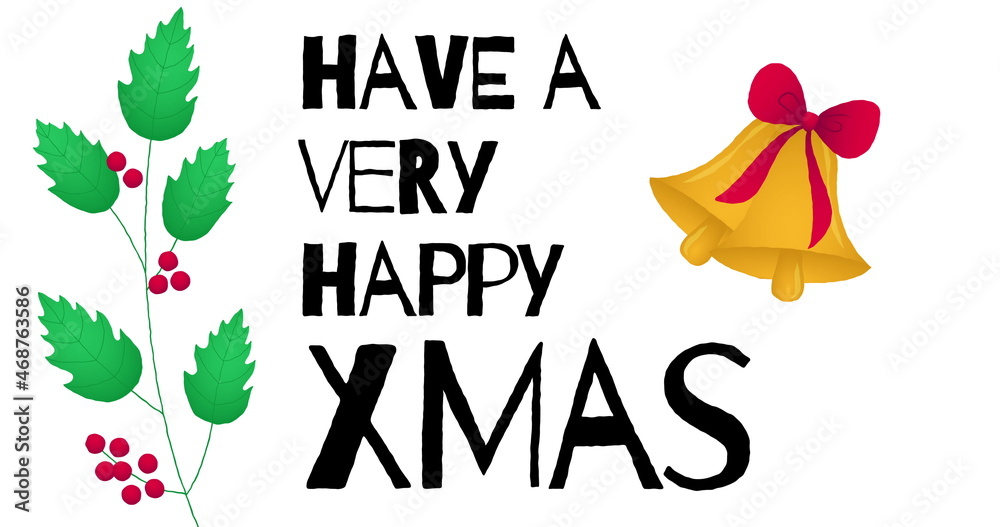 Image of happy xmas text with christmas bells on white background