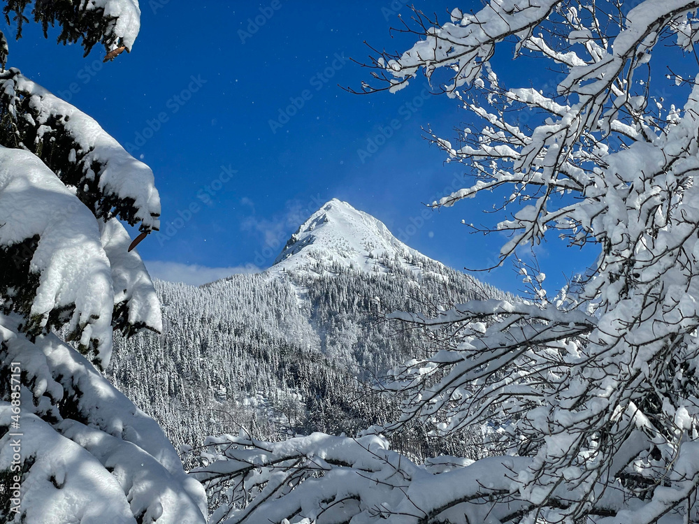 CLOSE UP: Strong December winds sweep fresh snow off the majestic mountaintop.