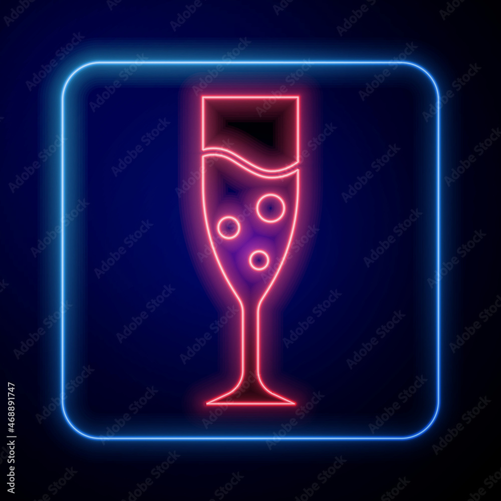 Glowing neon Glass of champagne icon isolated on blue background. Vector