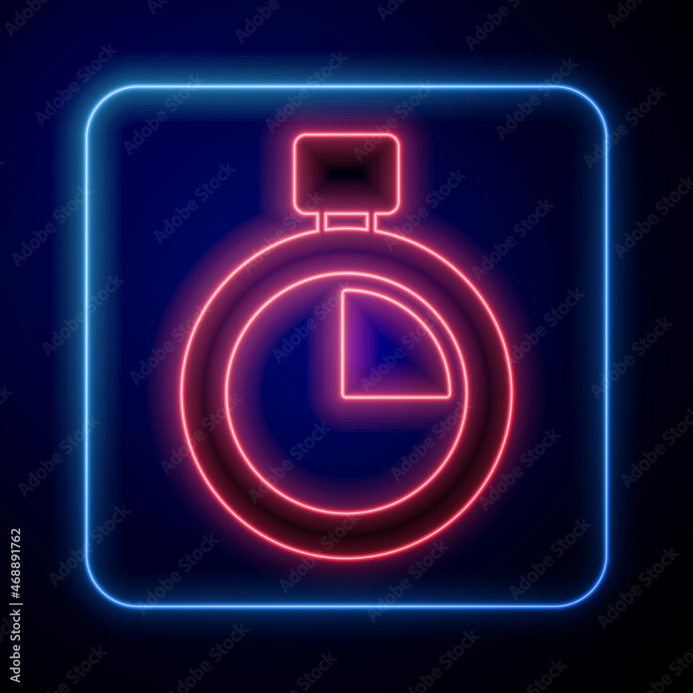 Glowing neon Stopwatch icon isolated on black background. Time timer sign. Chronometer sign. Vector