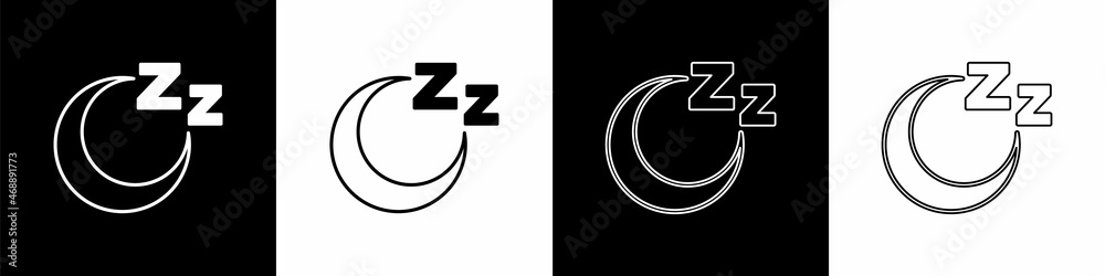 Set Time to sleep icon isolated on black and white background. Sleepy zzz. Healthy lifestyle. Vector