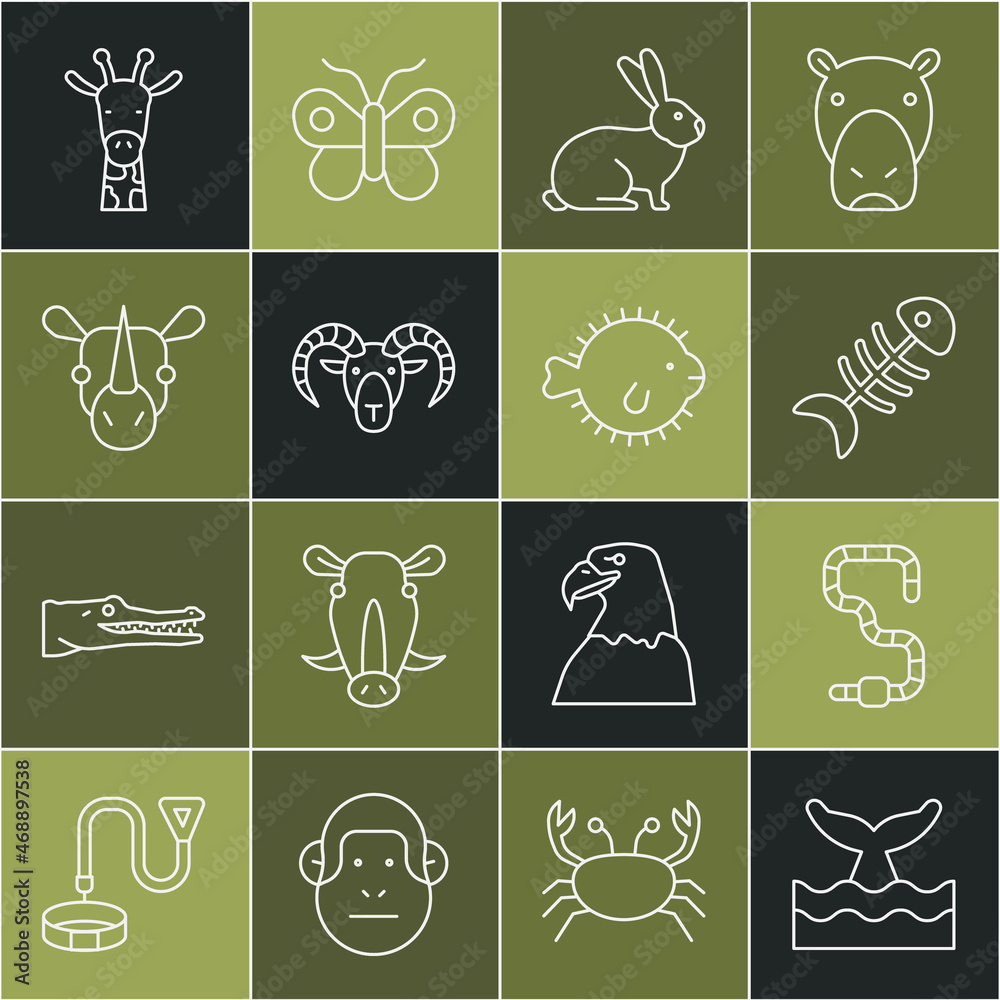 Set line Whale tail in ocean wave, Worm, Fish skeleton, Rabbit, Head of goat ram, Rhinoceros, Giraff