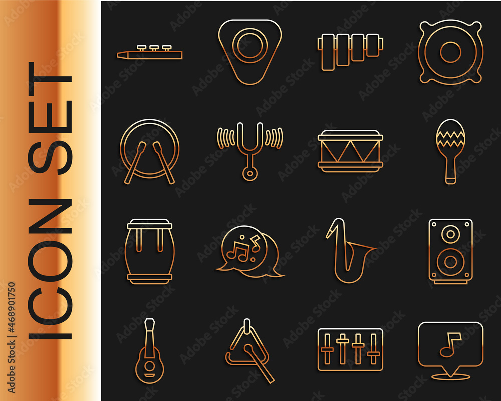 Set line Music note, tone, Stereo speaker, Maracas, Pan flute, Musical tuning fork, Drum and drum st