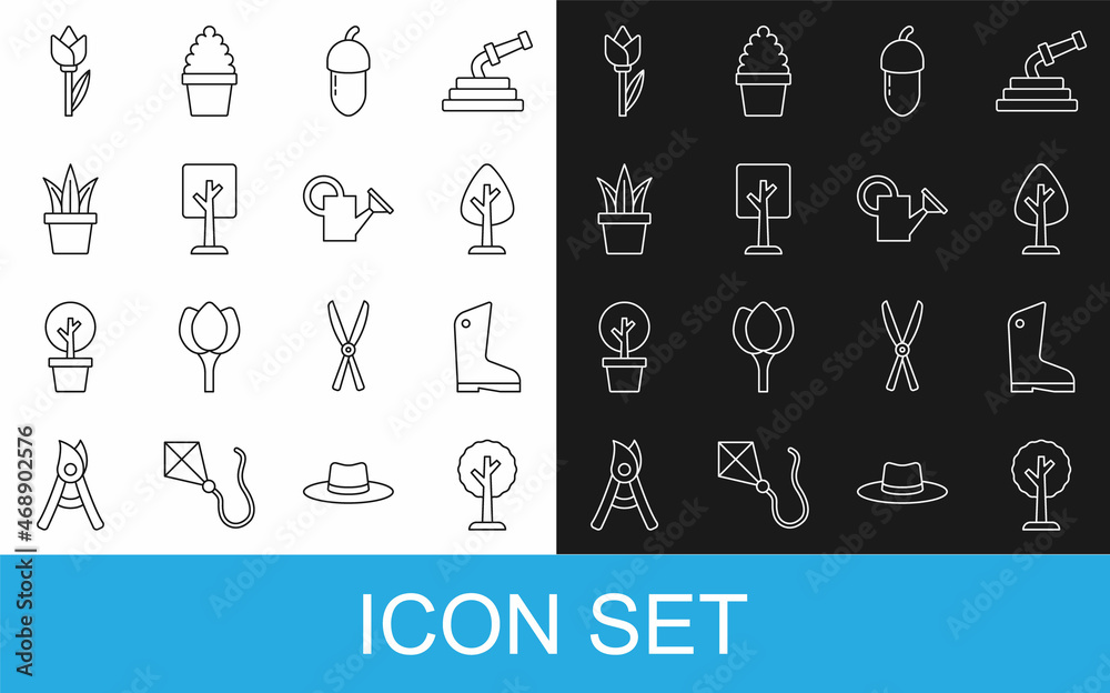 Set line Forest, Rubber gloves, Acorn, Plant in pot, Flower tulip and Watering can icon. Vector