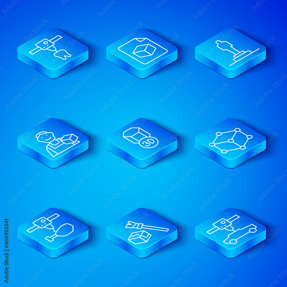 Set line 3D printer chicken leg, Isometric cube, model, Graphic designer, tooth and car icon. Vector