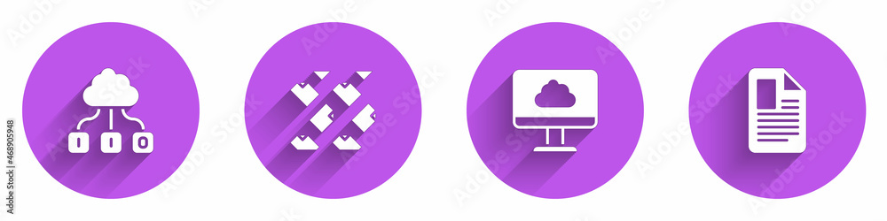 设置云技术数据传输、数据流和带有长阴影的文件文档图标。Vector