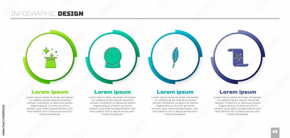 设置魔法帽、球、羽毛和古代魔法书。商业信息图模板。矢量