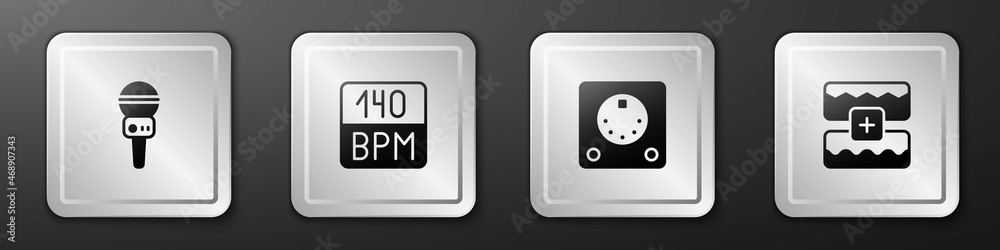 设置麦克风、比特率、鼓机和音乐均衡器图标。银色方形按钮。矢量