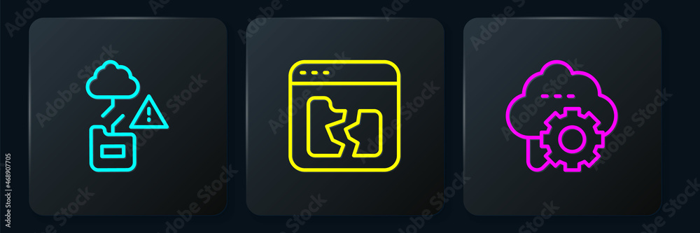 Set line Cloud technology data transfer, and Broken file. Black square button. Vector