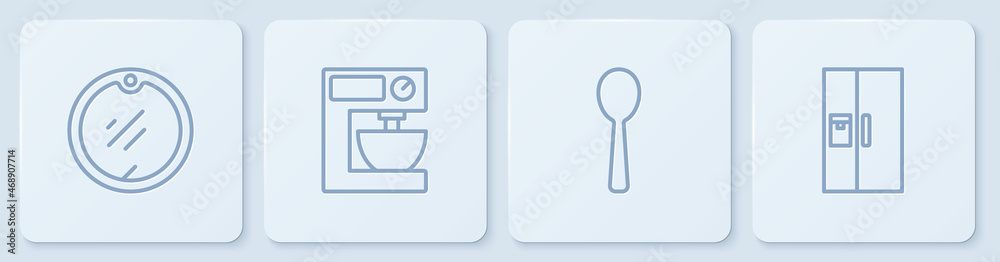 Set line Cutting board, Spoon, Electric mixer and Refrigerator. White square button. Vector