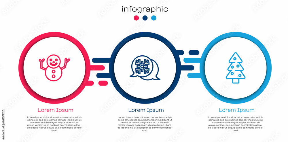 圣诞雪人、雪花演讲泡泡和树。商业信息图表模板。矢量
