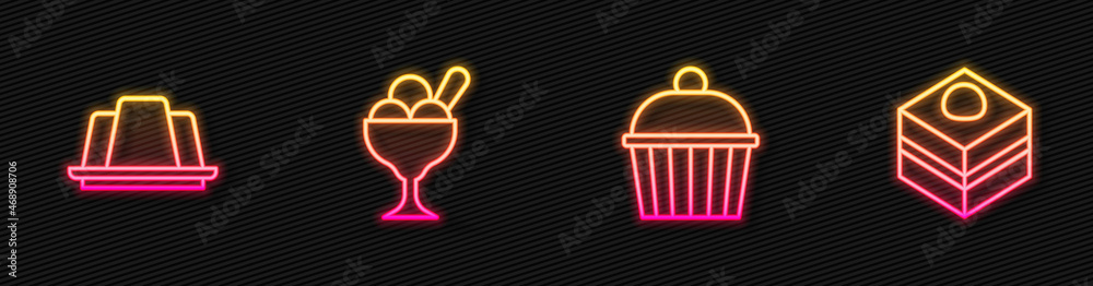 Set line Cake, Jelly cake, Ice cream in bowl and Brownie chocolate. Glowing neon icon. Vector