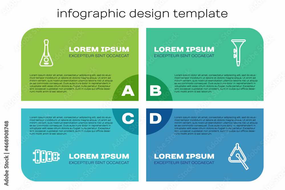 套装木琴、吉他、三角琴、鼓和鼓槌。商业信息图模板。矢量