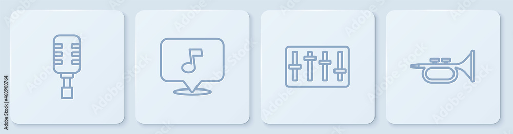 设置线路麦克风、混音器控制器、音符、音调和小号。白色方形按钮。Vect