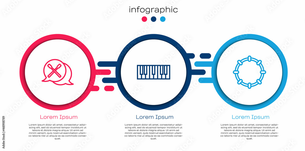 Set line Drum sticks, Music synthesizer and Tambourine. Business infographic template. Vector