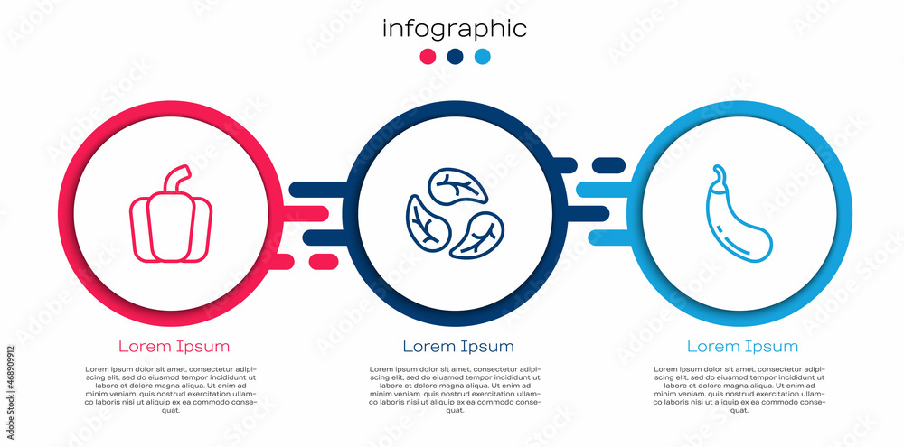 设置线甜椒、叶子或叶子和茄子。商业信息图模板。矢量