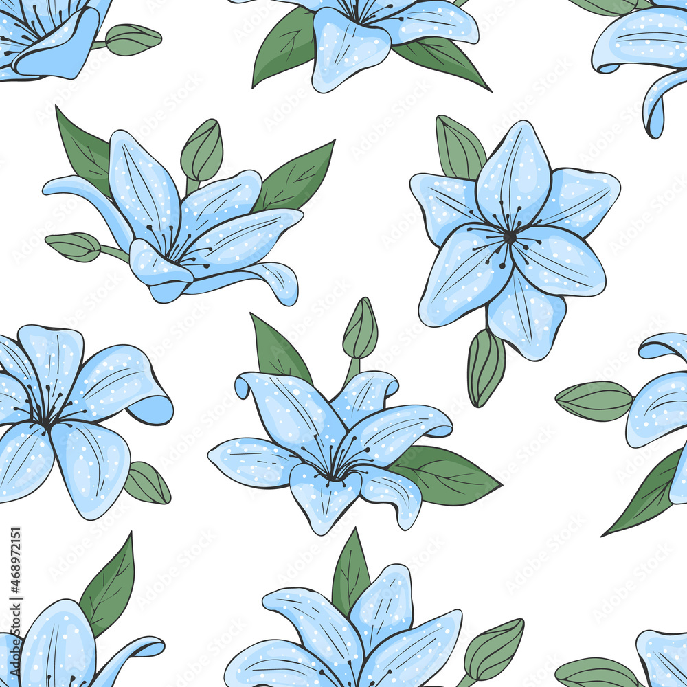 seamless pattern from blue lilies. Floral endless texture. Vector illustration. Cartoon style.